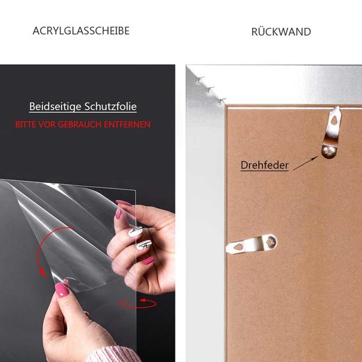 Acrylglasscheibe mit Schutzfolie und Rückwand des Bilderrahmens in Schwarz Hochglanz , inkl. Drehfeder zur sicheren Befestigung.