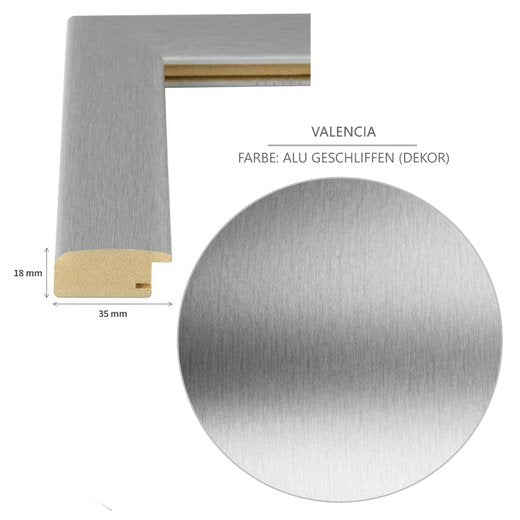 Detailansicht des Bilderrahmens im Farbton Alu geschliffen mit einer 35 mm Rahmenleiste für modernes Design