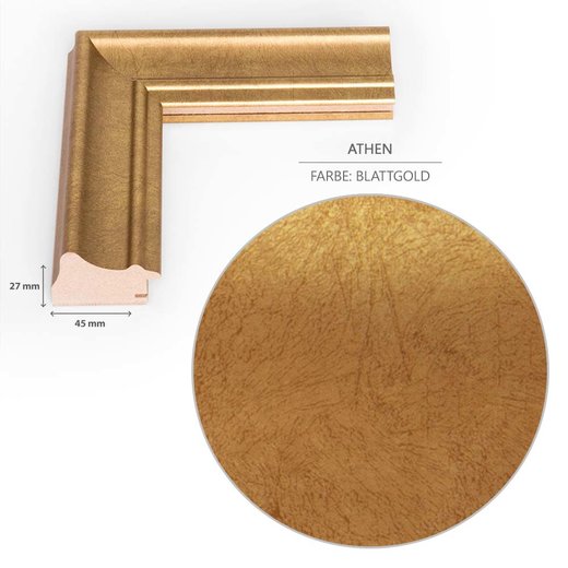 Detailansicht der Dekorfolie und der Querschnitt des Barockrahmens mit einem 45 mm breiten und 27 mm hohen Profil