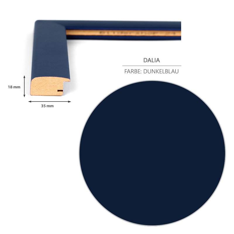 Detailansicht der Dekorfolie in Dunkelblau und des Rahmenprofils im Schnitt mit dem 35 mm breitem und 18 mm tiefen Profil