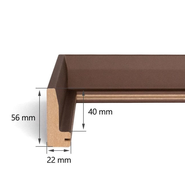Detailansicht der Dekorfolie und der Querschnitt des Schattenfugenrahmens mit einem 22 mm breiten und 56 mm hohen Profil