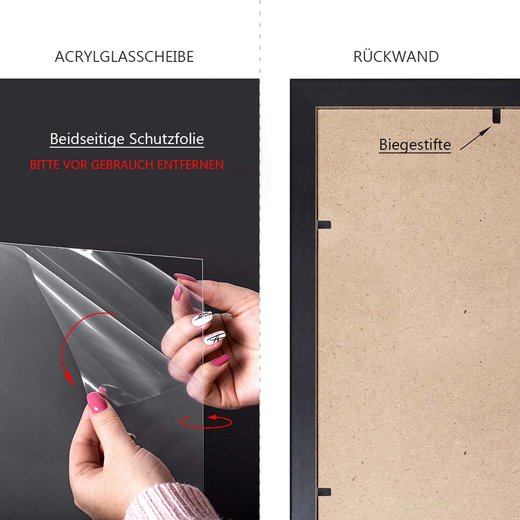 Die Acrylglasscheibe ist für den Versand mit einer Sicherheitsfolie auf beiden Seiten versehen. Die Rückwand mit Biegestiften ermöglicht das einfache Öffnen und Schließen