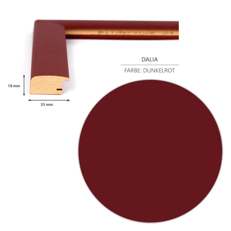 Detailansicht der Dekorfolie in Dunkelrot und des Rahmenprofils im Schnitt mit dem 35 mm breitem und 18 mm tiefen Profil