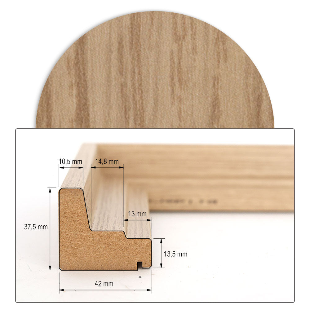 Technisches Maßblatt: Querschnitt eines Schattenfugenrahmens aus MDF in Weiß mit 37,5 mm Höhe und 42 mm Breite inkl. detaillierter Millimeter-Angaben.