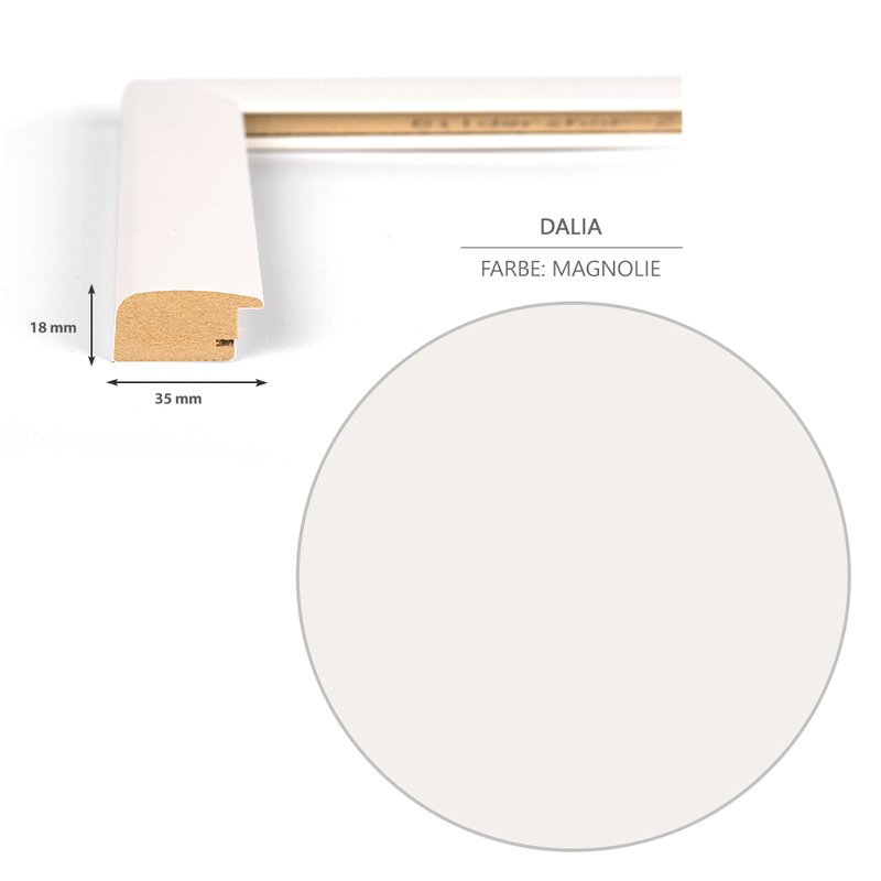 Detailansicht der Dekorfolie in Magnolie und des Rahmenprofils im Schnitt mit dem 35 mm breitem und 18 mm tiefen Profil