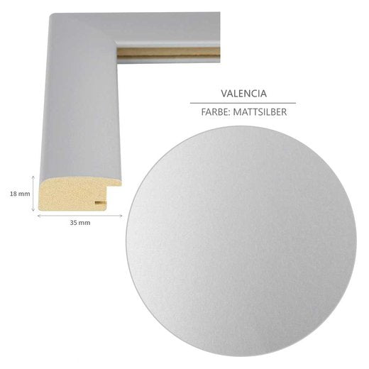 Detailansicht des Bilderrahmens im Farbton Mattsilber mit einer 35 mm Rahmenleiste für modernes Design