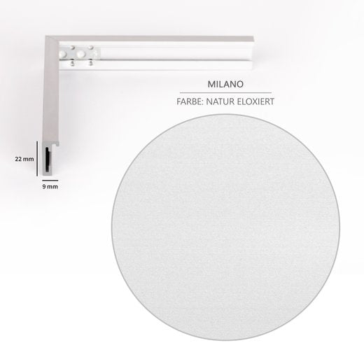 Querschnitt des Milano-Bilderrahmens in eloxiertem Aluminium, Breite 9 mm, Höhe 22 mm.