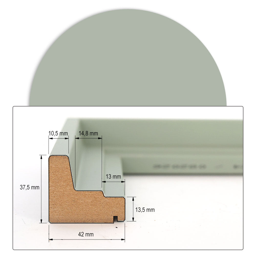 Technisches Maßblatt: Querschnitt eines Schattenfugenrahmens aus MDF in Weiß mit 37,5 mm Höhe und 42 mm Breite inkl. detaillierter Millimeter-Angaben.