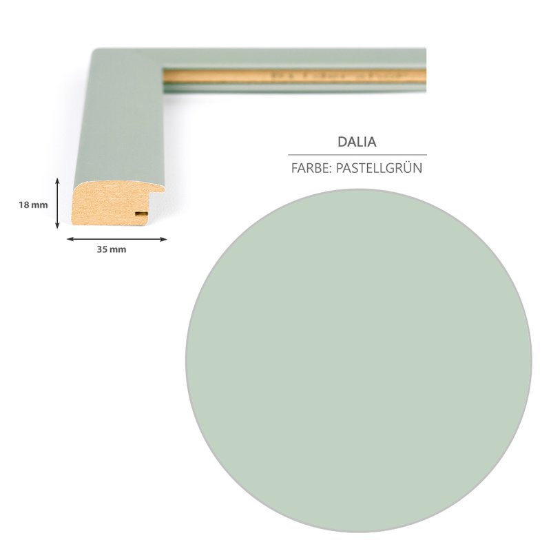 Detailansicht der Dekorfolie in Pastellgrün und des Rahmenprofils im Schnitt mit dem 35 mm breitem und 18 mm tiefen Profil