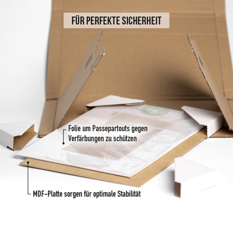 Das Passepartout wird mit Eckenschonern und Schutzpappen sicher verpackt geliefert