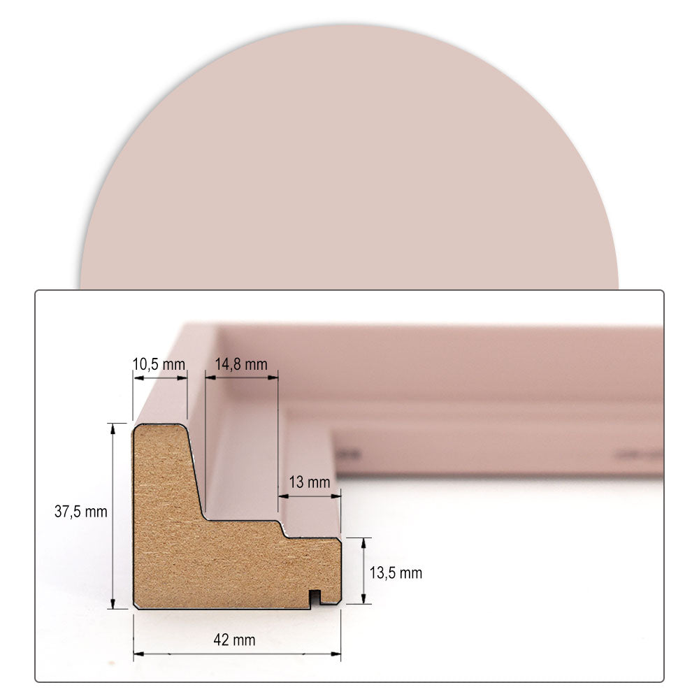 Technisches Maßblatt: Querschnitt eines Schattenfugenrahmens aus MDF in Weiß mit 37,5 mm Höhe und 42 mm Breite inkl. detaillierter Millimeter-Angaben.