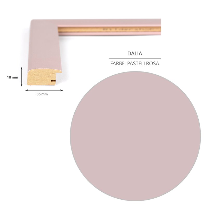 Detailansicht der Dekorfolie in Pastellrosa und des Rahmenprofils im Schnitt mit dem 35 mm breitem und 18 mm tiefen Profil