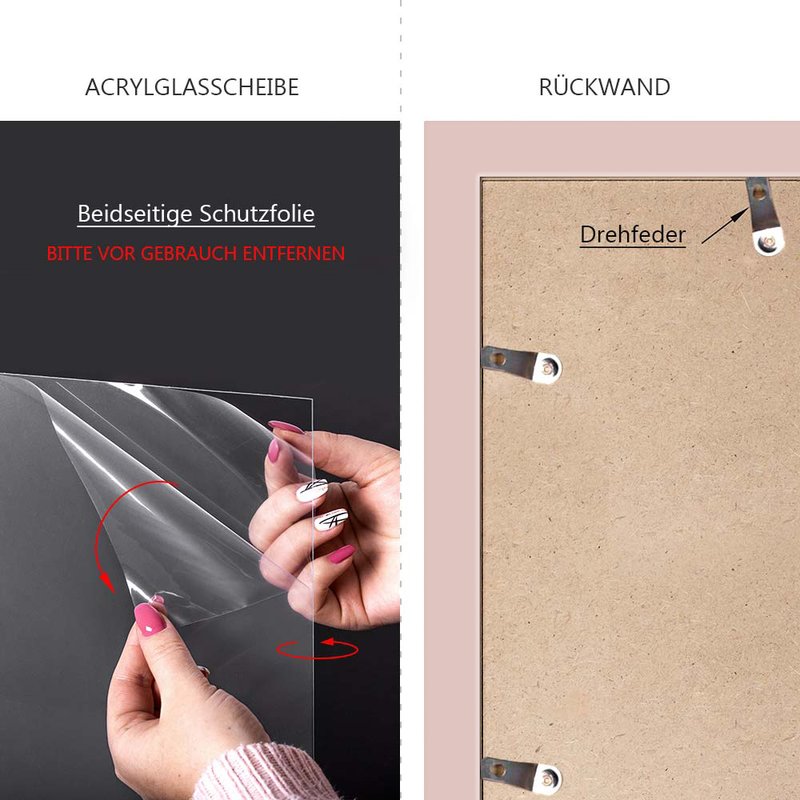 Die Acrylglasscheibe ist für den Versand mit einer Sicherheitsfolie auf beiden Seiten versehen. Die Rückwand mit Drehfedern ermöglicht das einfache Öffnen und Schließen
