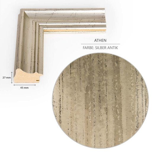 Detailansicht der Dekorfolie und der Querschnitt des Barockrahmens mit einem 45 mm breiten und 27 mm hohen Profil