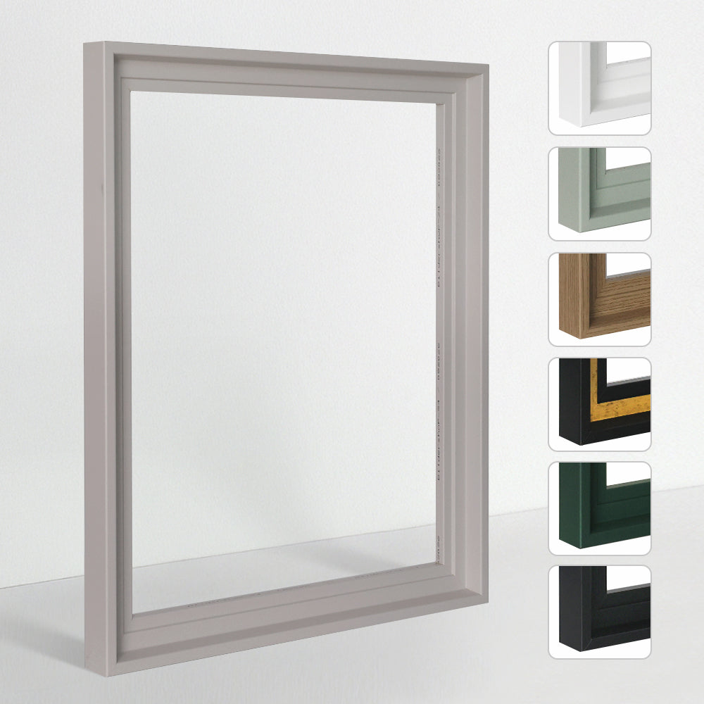 Moderner Bilderrahmen als Schattenfuge in Sandbeige; Seitenleiste zeigt verschiedene Profile in Holzoptik, Matt-Schwarz und Trendfarben.