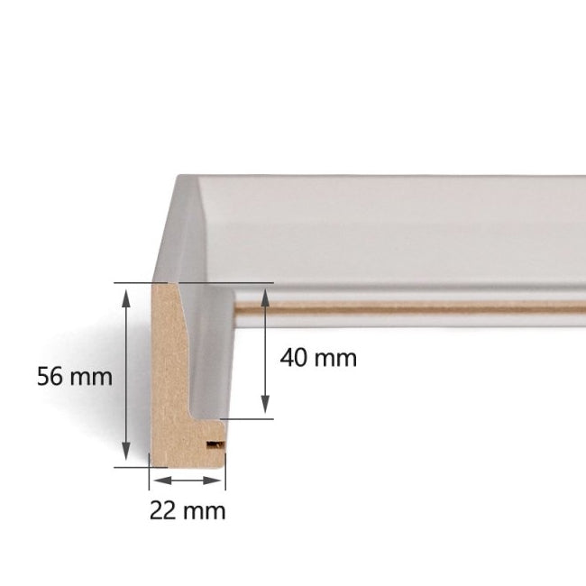 Detailansicht der Dekorfolie und der Querschnitt des Schattenfugenrahmens mit einem 22 mm breiten und 56 mm hohen Profil