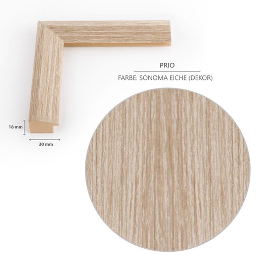 Detailansicht der Dekorfolie im Farbton Sonoma Eiche und des Rahmenprofils im Schnitt mit dem 30 mm breitem und 18 mm tiefen Profil