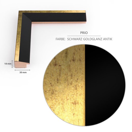 Detailansicht der Dekorfolie im Farbton Schwarz Goldglanz und des Rahmenprofils im Schnitt mit dem 30 mm breitem und 18 mm tiefen Profil