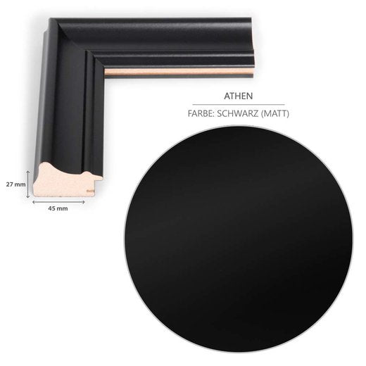 Detailansicht der Dekorfolie und der Querschnitt des Barockrahmens mit einem 45 mm breiten und 27 mm hohen Profil