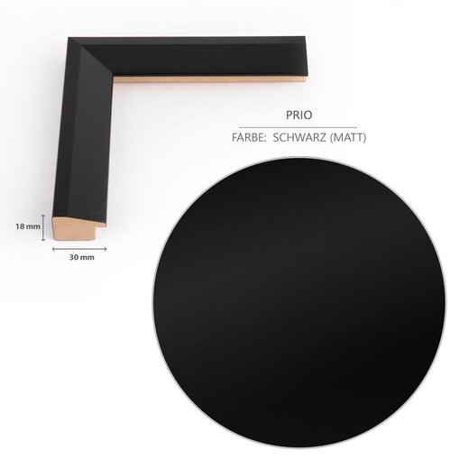 Detailansicht der Dekorfolie im Farbton Schwarz matt und des Rahmenprofils im Schnitt mit dem 30 mm breitem und 18 mm tiefen Profil