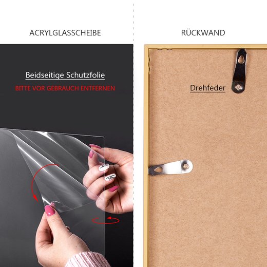 Acrylglasscheibe mit Schutzfolie und Rückwand des goldenen Milano-Bilderrahmens, inkl. Drehfeder zur sicheren Befestigung.