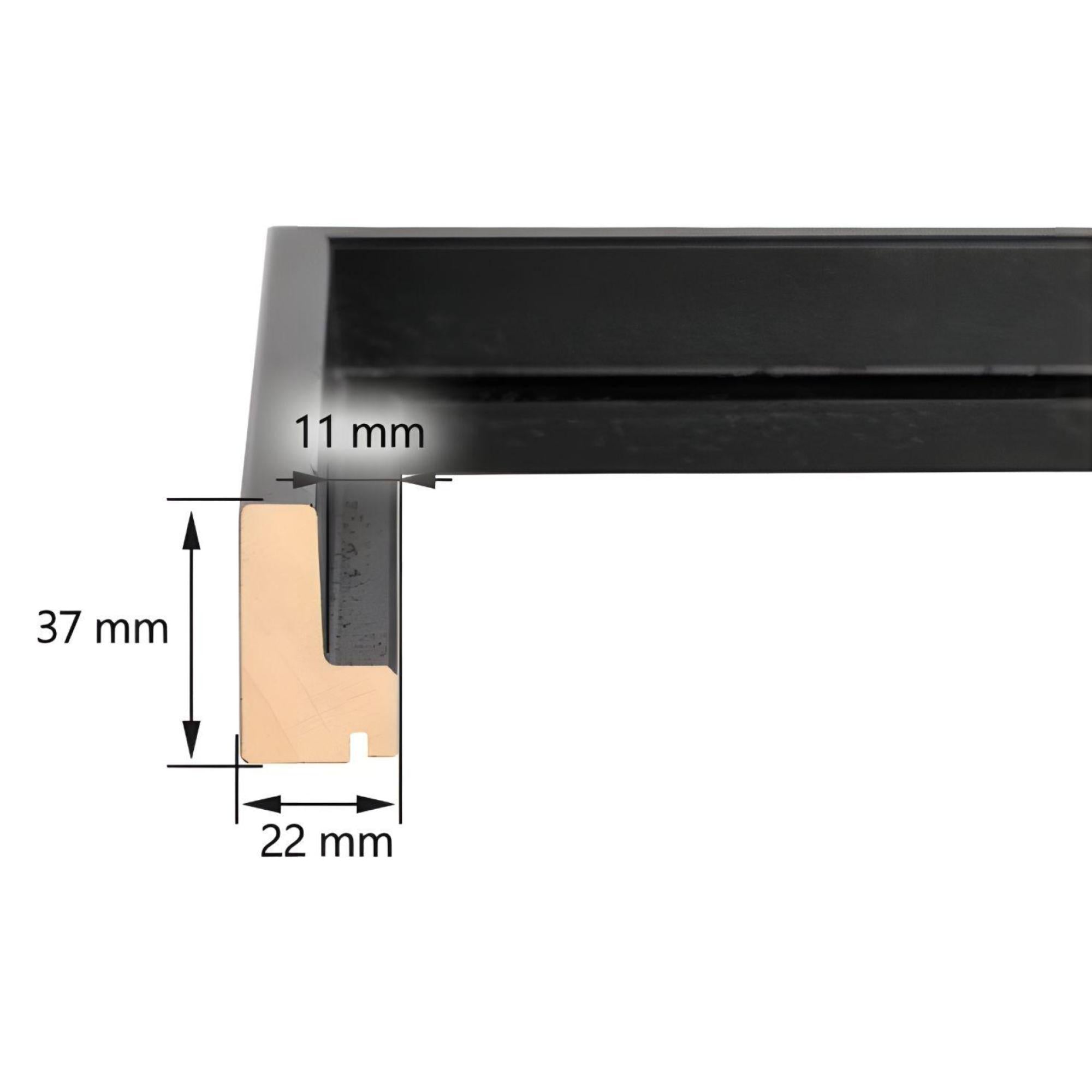 Schattenfugenrahmen in schwarz matt mit Maßangaben – ideal als Rahmen für Leinwand, Gemälde und Keilrahmen für eine stilvolle Präsentation.