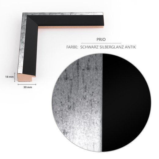 Detailansicht der Dekorfolie im Farbton Schwarz Silberglanz und des Rahmenprofils im Schnitt mit dem 30 mm breitem und 18 mm tiefen Profil