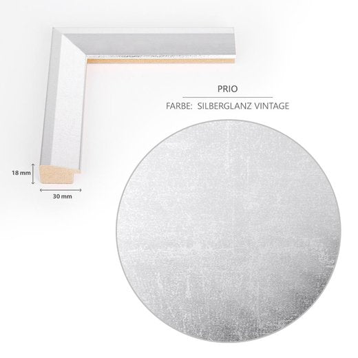 Detailansicht der Dekorfolie im Farbton Silberglanz Vintage und des Rahmenprofils im Schnitt mit dem 30 mm breitem und 18 mm tiefen Profil