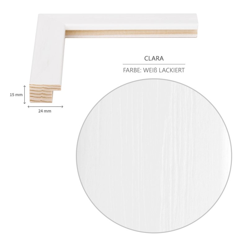 Detailaufnahme der natürlichen Holzmaserung des Bilderrahmens aus massivem Fichtenholz, hochwertig verarbeitet. mit 24 mm breitem und 15 mm hohem Rahmenprofil