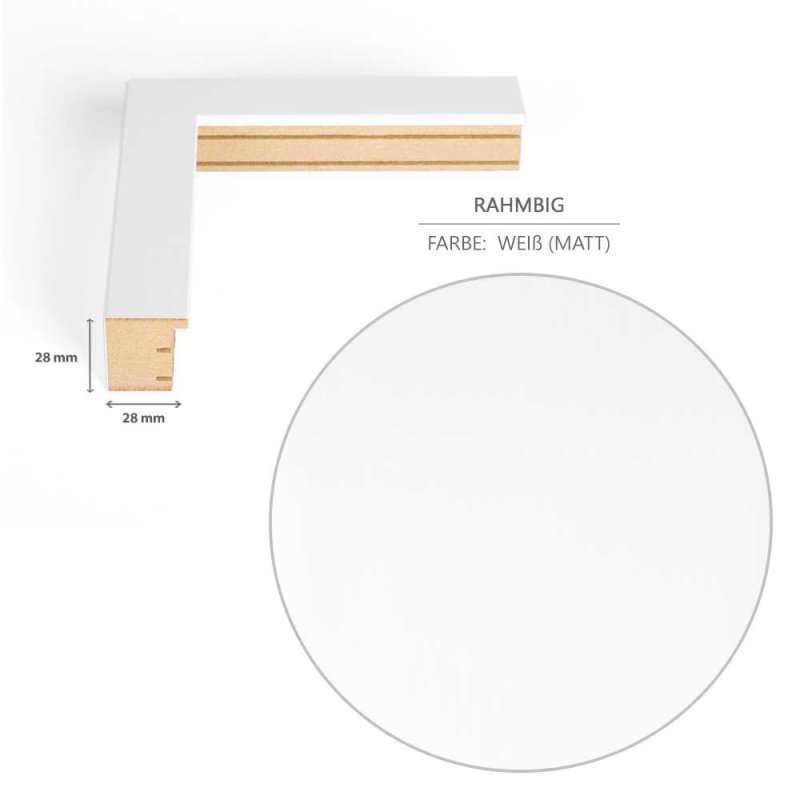 Eine Gehrung des Trikotrahmens zeigt das Profil im Detail sowie die Farbe der Dekorfolie.