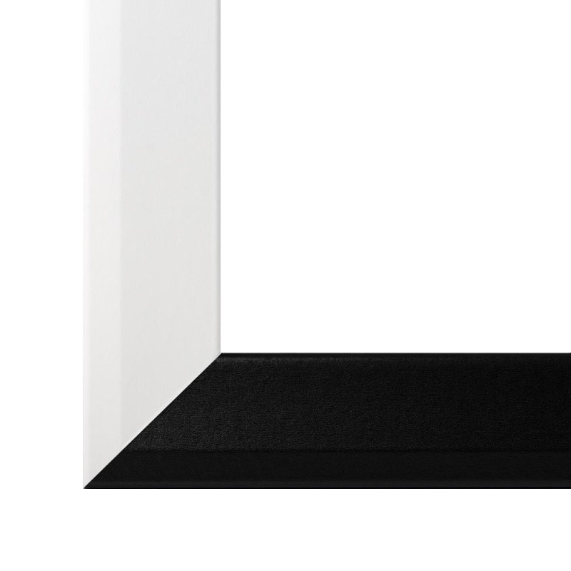 Gehrung eines Bilderrahmens im Farbton Schwarz Weiß mit abgeschrägtem, modernen Profil