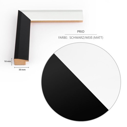 Detailansicht der Dekorfolie im Farbton Schwarz Weiß und des Rahmenprofils im Schnitt mit dem 30 mm breitem und 18 mm tiefen Profil