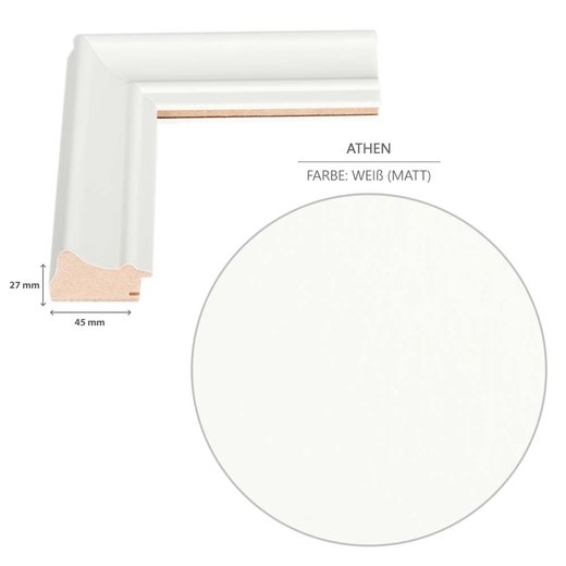 Detailansicht der Dekorfolie und der Querschnitt des Barockrahmens mit einem 45 mm breiten und 27 mm hohen Profil