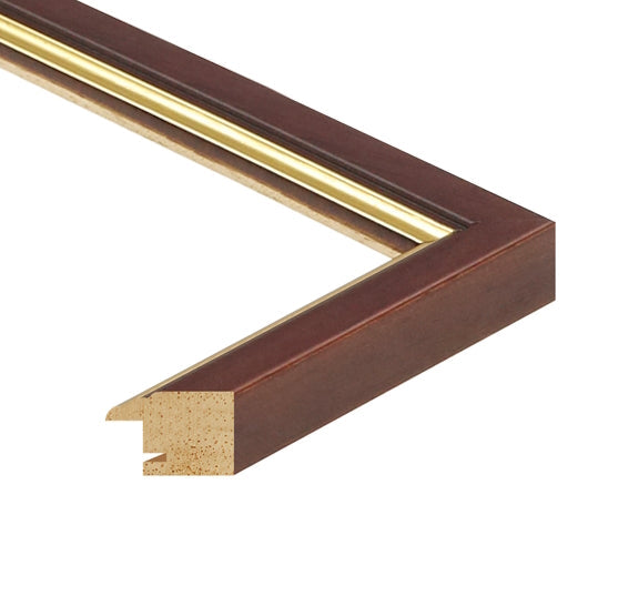 Detailansicht Bilderrahmenprofil – braunes Holz mit eleganter Goldkante, ideal für modern eingerichtete Räume