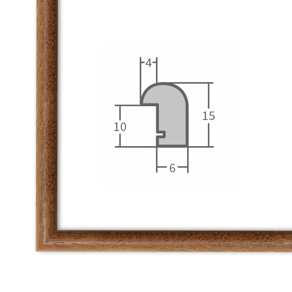 Die Ecke des Bilderrahmens in Eiche zeigt die Maserung und in der Bildmitte in der Querschnitt des Rahmens dargestellt