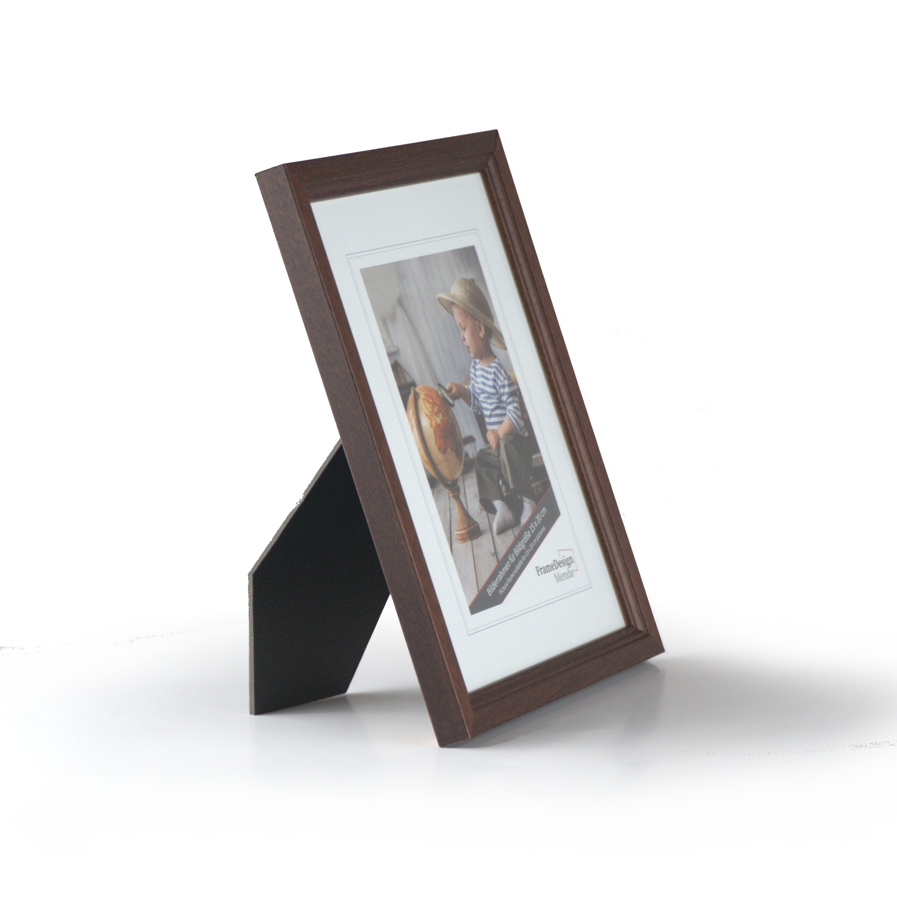 Bilderrahmen Braun mit Standfuß in ¾-Ansicht – eleganter Holzrahmen für Fotos und Dokumente