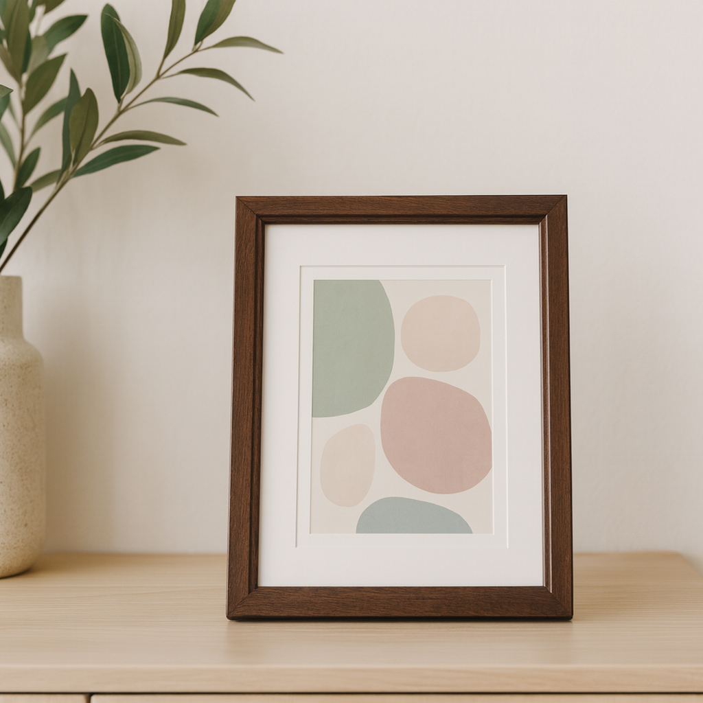 Brauner Bilderrahmen als Tischaufsteller im skandinavischen Wohnambiente auf heller Holzkommode