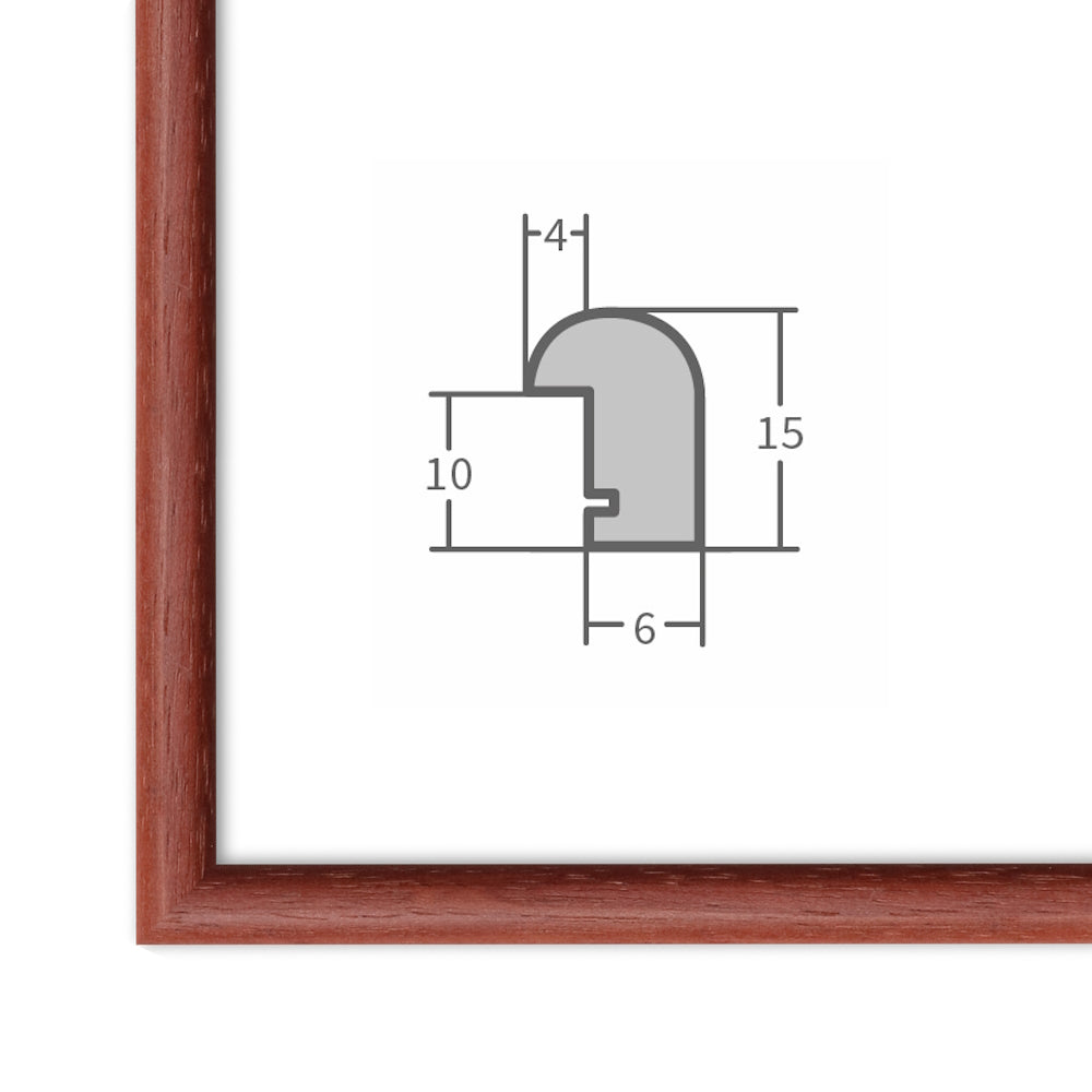 Die Ecke des Bilderrahmens in Mahagoni zeigt die Maserung und in der Bildmitte in der Querschnitt des Rahmens dargestellt