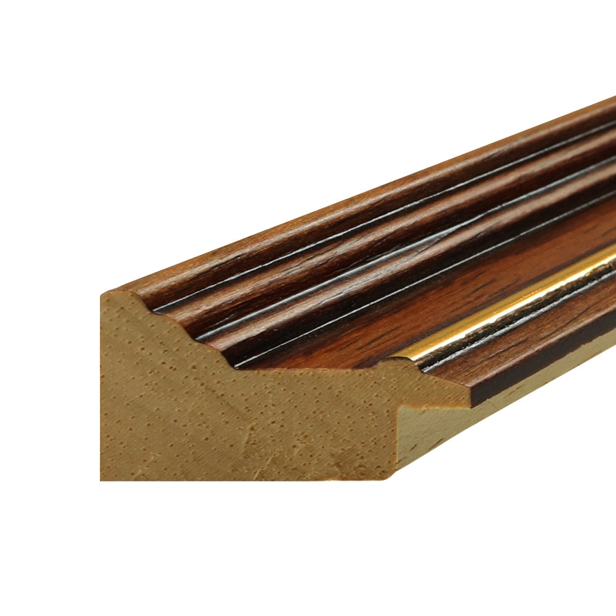 Klassisches braunes Holzrahmen-Profil mit eleganter Goldkante – hochwertiges Leistenprofil für stilvolle Bilder und Fotografien.