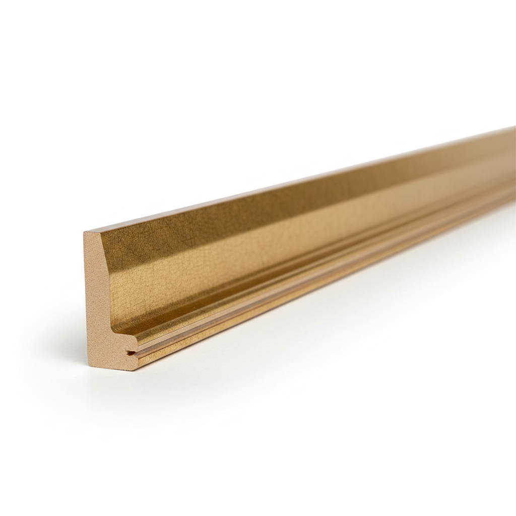 Schattenfugenrahmen-Profil aus MDF mit Blattgold-Dekorfolie, 45-Grad-Gehrungsschnitt mit sichtbarem Holzkern, fotorealistische Studioaufnahme auf weißem Hintergrund.