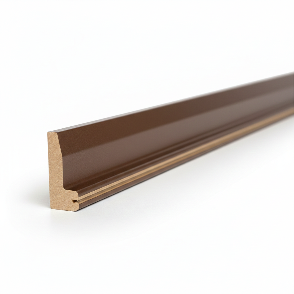 Schattenfugenrahmen-Profil aus MDF mit Braun  matt-Dekorfolie, 45-Grad-Gehrungsschnitt mit sichtbarem Holzkern, fotorealistische Studioaufnahme auf weißem Hintergrund.