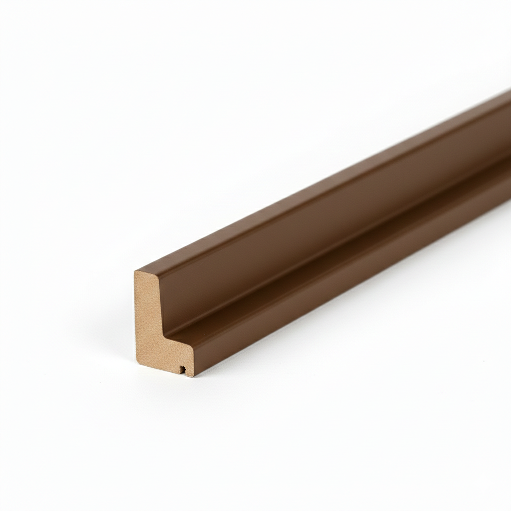 Schattenfugenrahmen-Profil aus MDF mit hochwertiger braun matter Dekorfolie.