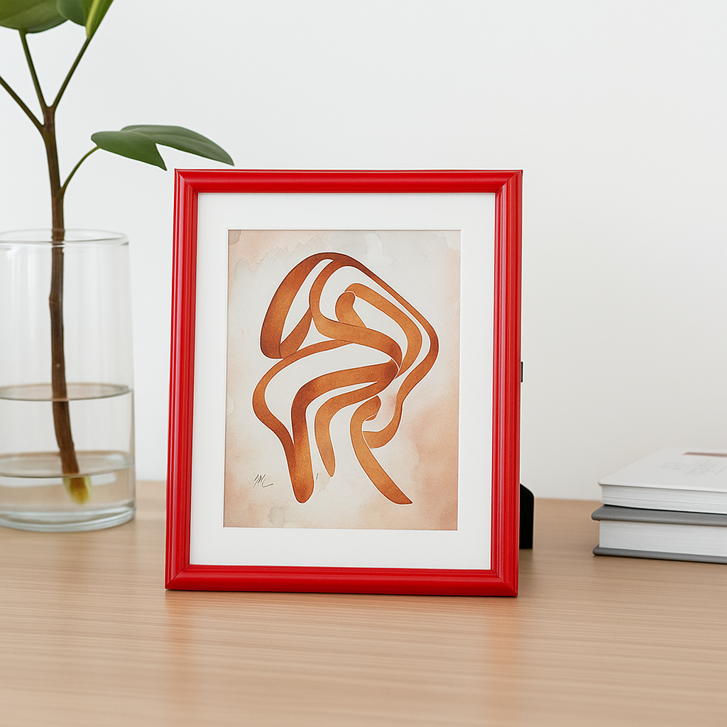 Roter Bilderrahmen im modernen Design mit Passepartout, dekorativ auf Tisch platziert – ideal für stilvolle Wohnakzente.