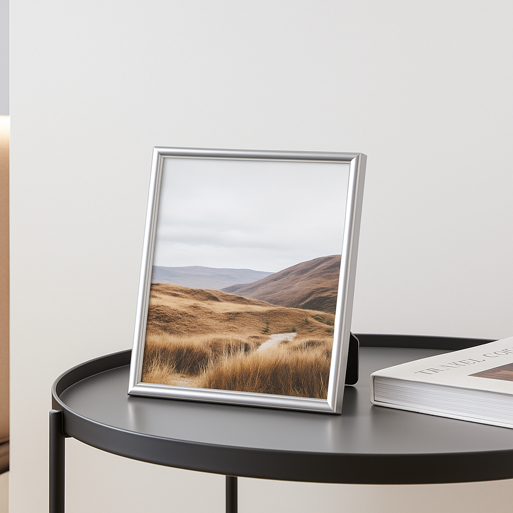 Eleganter Bilderrahmen in mattsilber auf Beistelltisch, modern präsentiert mit Landschaftsfoto für stilvolle Wohnraumdekoration.