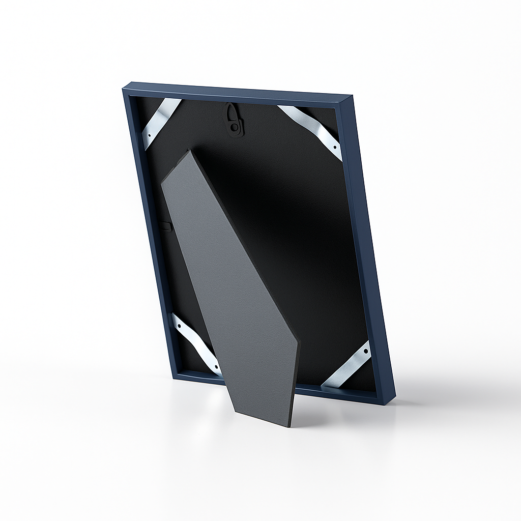 Rückseite eines modernen Bilderrahmens mit stabilem Aufsteller und Aufhänger, ideal für Tisch- oder Wandpräsentation.