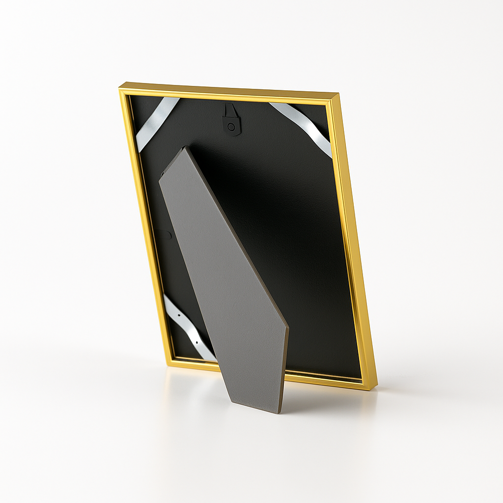 Rückseite eines modernen Bilderrahmens mit stabilem Aufsteller und Aufhänger, ideal für Tisch- oder Wandpräsentation.