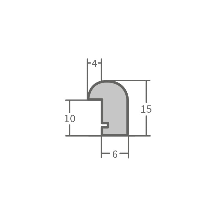 Der Querschnitt des Bilderrahmens zeigt das 15 mm hohe und 10 mm breite abgerundete Rahmenprofil