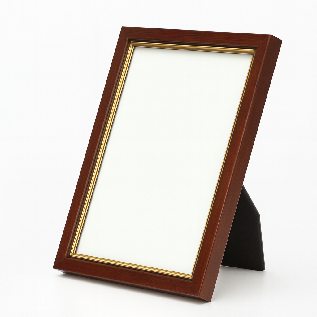 Seitenansicht eines braunen Holzrahmens mit Goldkante – moderne Produktaufnahme für dekorative Bilder