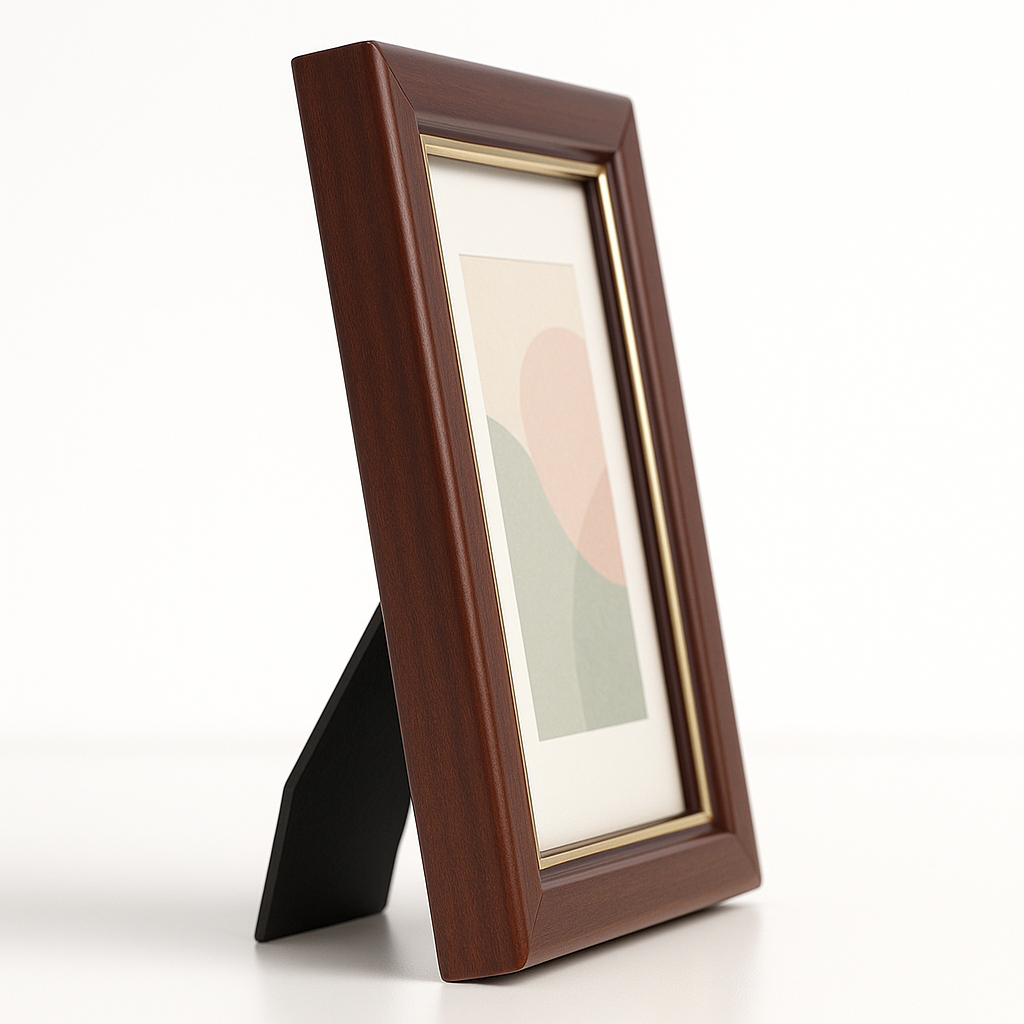 Bilderrahmen in Profilansicht mit Standfuß – braunes Holz mit edlem Goldstreifen, modern und hochwertig