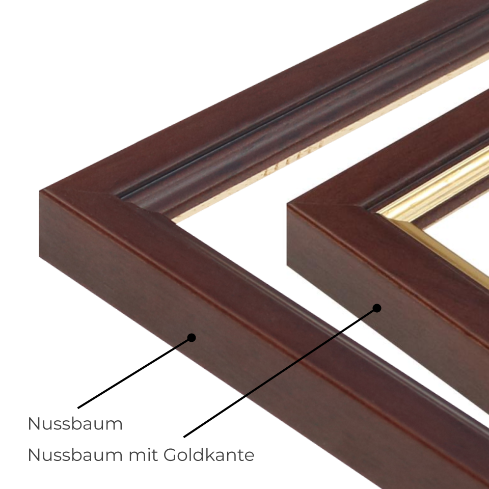 Farbauswahl Holzrahmen – verschiedene Braun- und Goldvarianten für moderne, hochwertige Bilderrahmen
